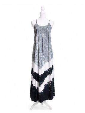 Aruba Blue Tie Dye Boho Maxi Dress Gray Black Strappy Back Size M